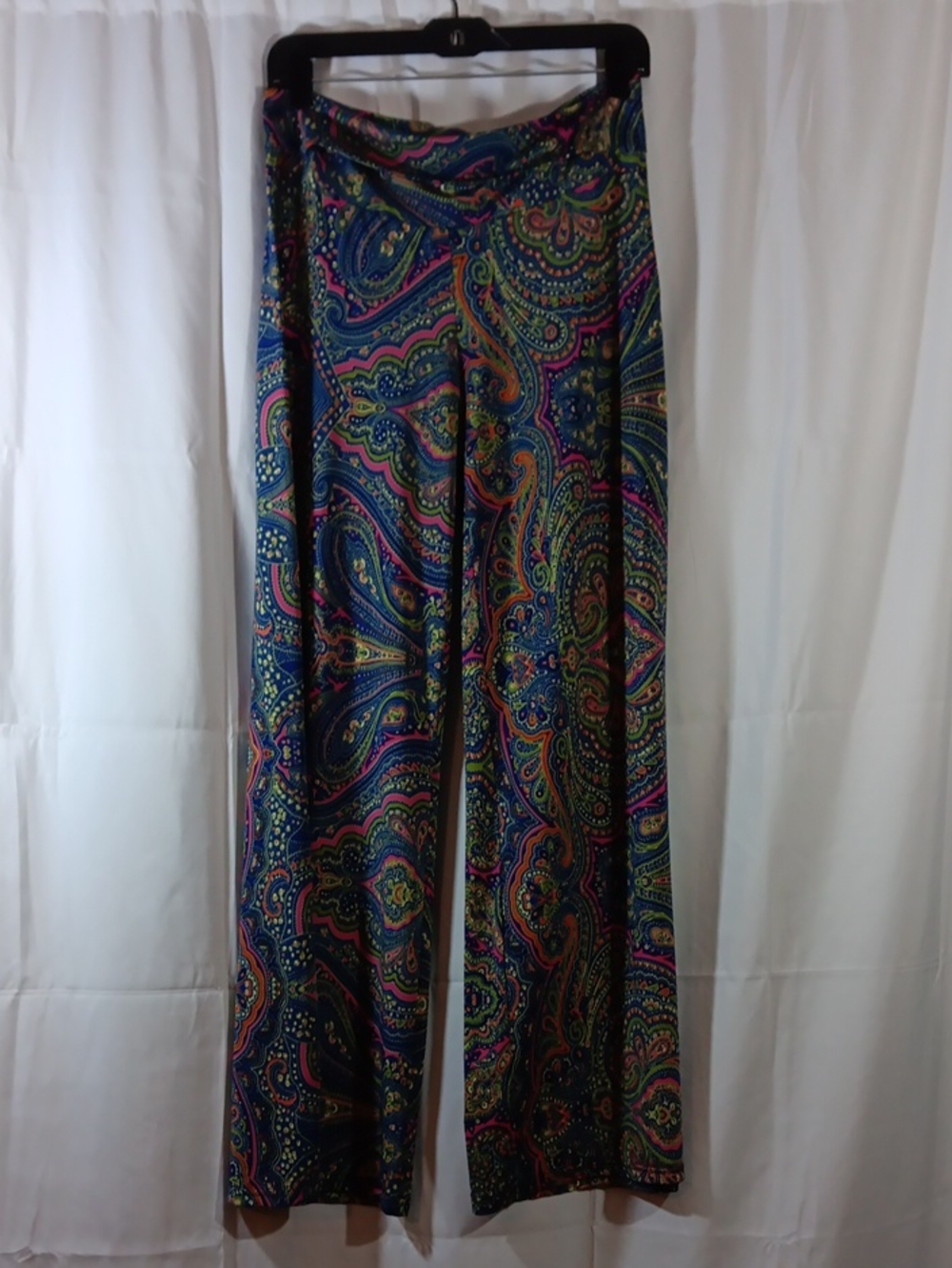 White Mark Womens Large Palazzo Pants Navy Blue Paisley Boho Stretch Wide Leg